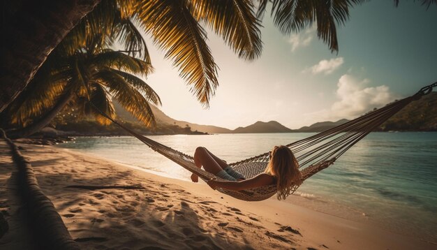 Uma mulher balançando na rede relaxamento despreocupado gerado por IA