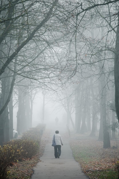 Uma mulher caminha por um beco enevoado em obninsk. Foto Premium
