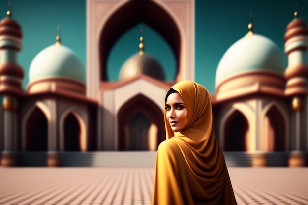 Uma mulher com um hijab amarelo está em frente a uma mesquita.