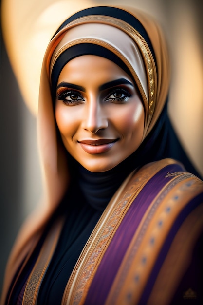 Uma mulher com um hijab e um cachecol roxo e dourado