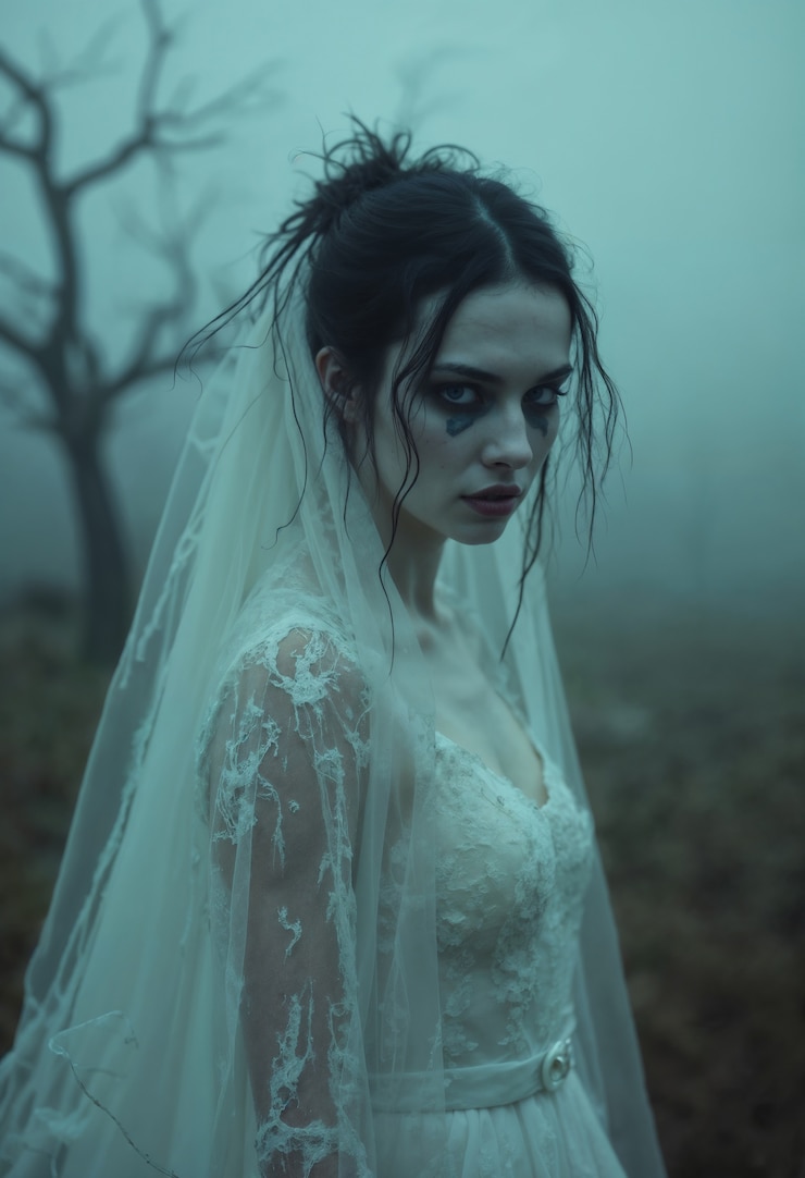 Foto grátis uma mulher com um véu e uma árvore ao fundo