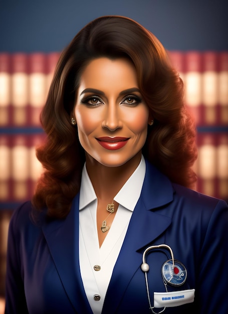 Uma mulher com uma jaqueta azul com um distintivo que diz que eu sou um médico
