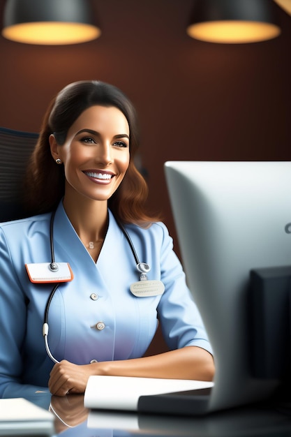 Foto grátis uma mulher de uniforme azul está sentada em frente a um monitor de computador que diz 'médico'.