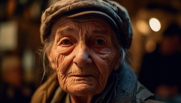 Uma mulher enrugada sorrindo envelhecendo graciosamente ao ar livre gerada por IA