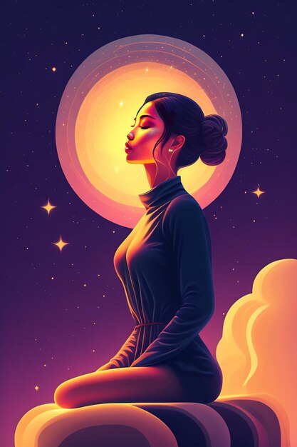 Uma mulher está sentada em frente a um céu estrelado.