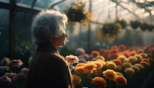 Uma mulher idosa segurando um sorriso de flor amarela gerado por IA