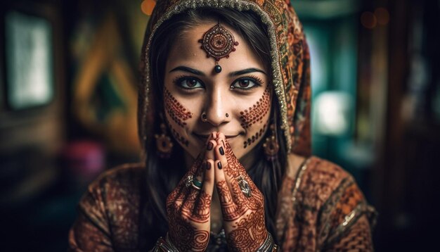 Uma mulher indiana sorridente em roupas tradicionais celebra a espiritualidade do hinduísmo gerada pela IA