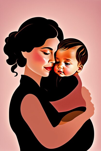 Uma mulher segurando um bebê com um fundo rosa.