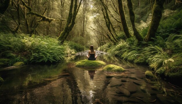 Uma mulher sentada em uma cena tranquila refletindo sobre a beleza da natureza gerada pela IA