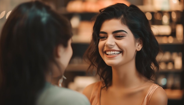 Uma mulher sorrindo em uma loja de beleza