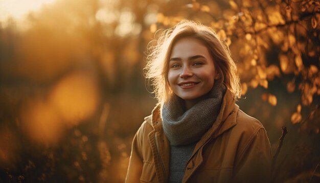 Uma mulher sorrindo na beleza da floresta de outono gerada por IA