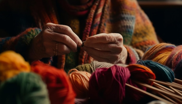 Foto grátis uma mulher tricotando roupas quentes de inverno multicoloridas geradas por ia