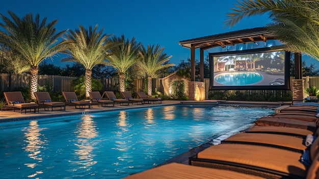 Foto grátis uma noite de cinema à beira da piscina para toda a família