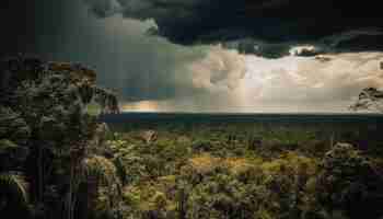 Foto grátis uma nuvem escura sobre uma floresta com um céu escuro e árvores em primeiro plano