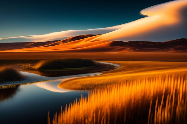 Uma paisagem com um lago e montanhas ao fundo