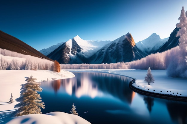 Foto grátis uma paisagem de montanha nevada com um lago e montanhas nevadas ao fundo.