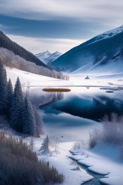 Uma paisagem de neve com um lago e montanhas ao fundo.