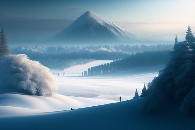 Uma paisagem de neve com uma montanha ao fundo