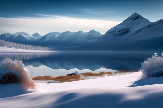 Uma paisagem de neve com uma montanha e um lago em primeiro plano.