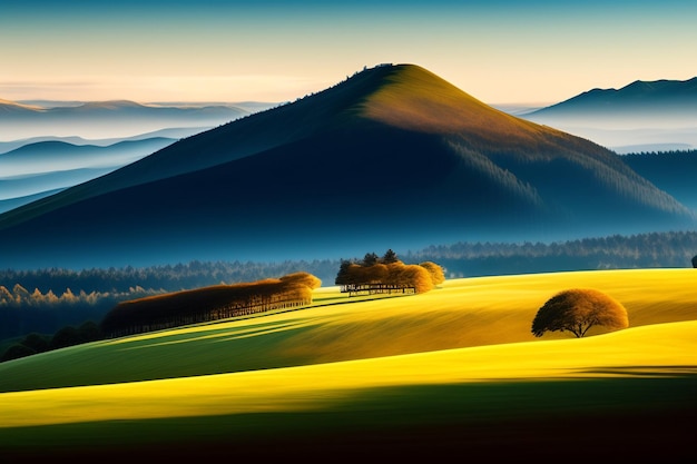 Foto grátis uma paisagem montanhosa com um céu azul e um campo com árvores em primeiro plano.