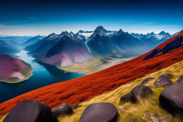 Foto grátis uma paisagem montanhosa com um lago e montanhas ao fundo