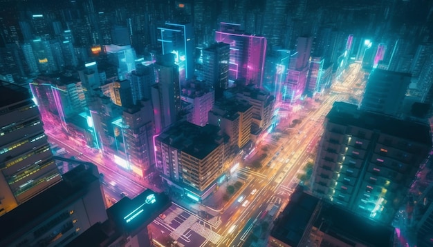 Uma paisagem urbana com uma luz neon que diz 'cyber city'