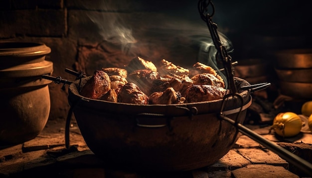 Foto grátis uma panela de carne está cozinhando em um fogão.