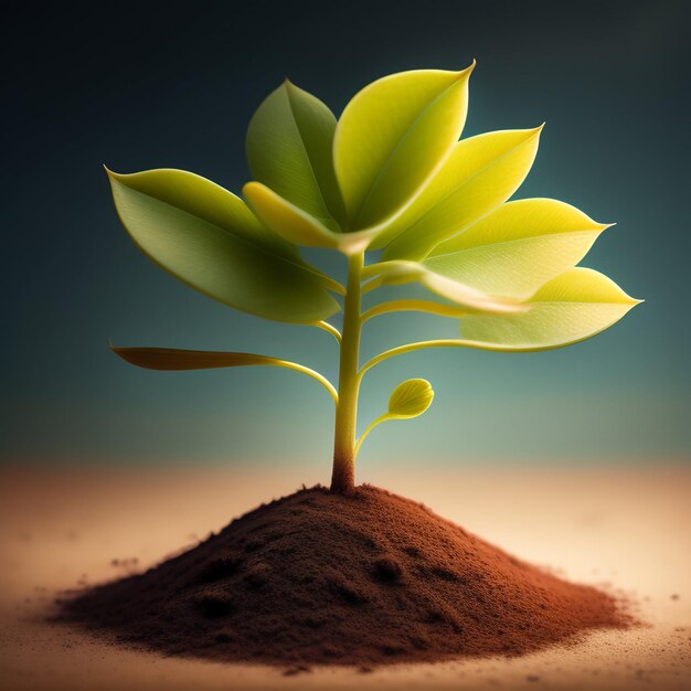 Foto grátis uma pequena planta está em um monte de terra e é iluminada por um fundo azul escuro.