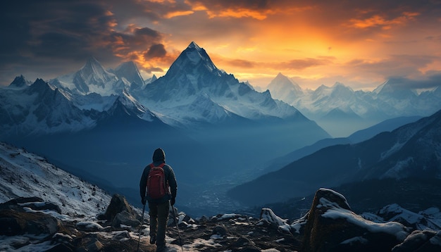 Uma pessoa caminhando conquistando picos de montanhas explorando paisagens majestosas geradas por inteligência artificial