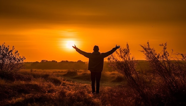 Uma pessoa com os braços estendidos em frente ao pôr do sol