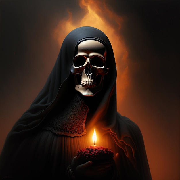 Foto grátis uma pessoa com uma máscara de caveira e uma vela na mão