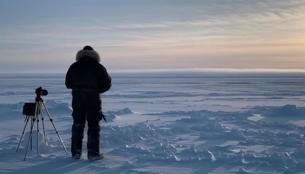 Uma pessoa em pé fotografando a aventura da paisagem de inverno gerada pela ia