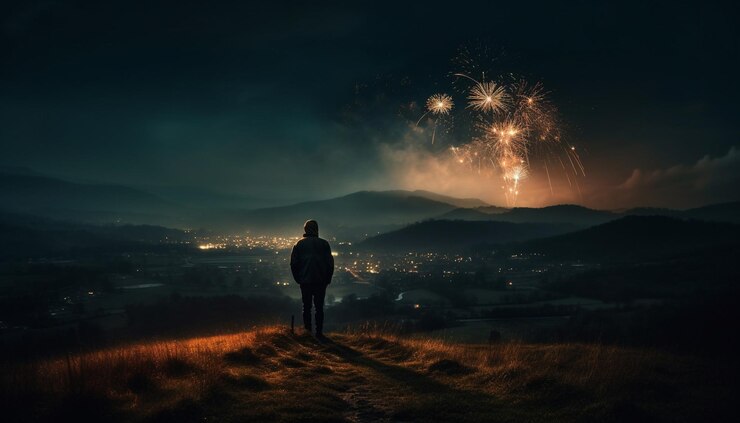 Foto grátis uma pessoa em pé iluminada admirando o horizonte urbano gerado por ia