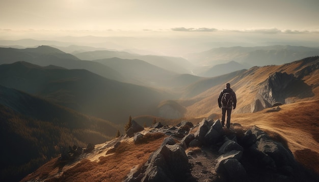 Foto grátis uma pessoa em pé na conquista do pico da montanha gerada pela ia