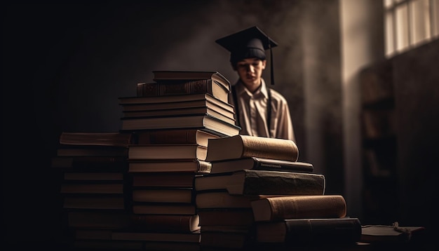 Uma pessoa estudando literatura em pilhas de biblioteca geradas por ia