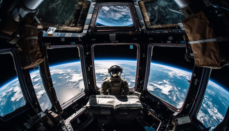 Foto grátis uma pessoa pilotando uma nave espacial futurista ao ar livre gerada por ia