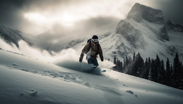 Foto grátis uma pessoa praticando snowboard em uma encosta de montanha gerada por ia