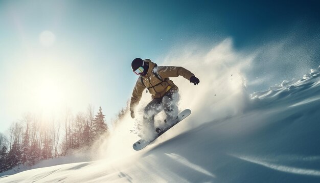 Uma pessoa pula snowboarder desfruta de esporte de inverno gerado por IA