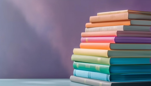 Uma pilha colorida de literatura na biblioteca gerada por IA