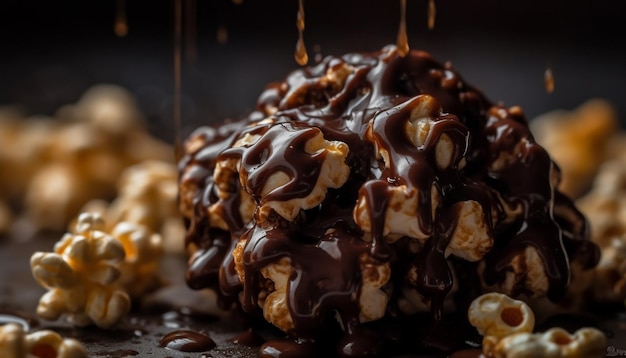 Uma pilha de biscoitos de chocolate escuro caseiros em uma mesa de madeira gerada por inteligência artificial