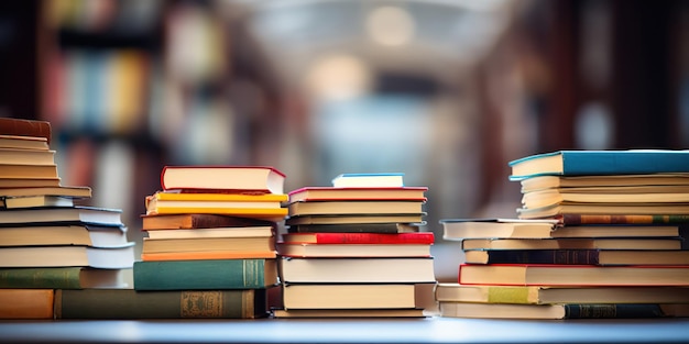 Foto grátis uma pilha de livros com uma cena de biblioteca por trás