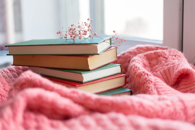 Uma pilha de livros vermelhos e verdes com flores secas em um suéter de malha rosa quente