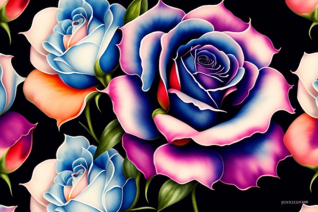 Uma pintura colorida de rosas com folhas roxas e rosa