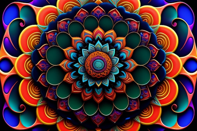 Uma pintura colorida de uma flor com um círculo de cores diferentes.