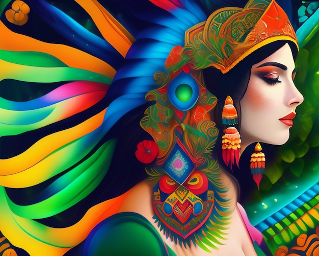Uma pintura colorida de uma mulher com penas na cabeça e a palavra amor na frente.
