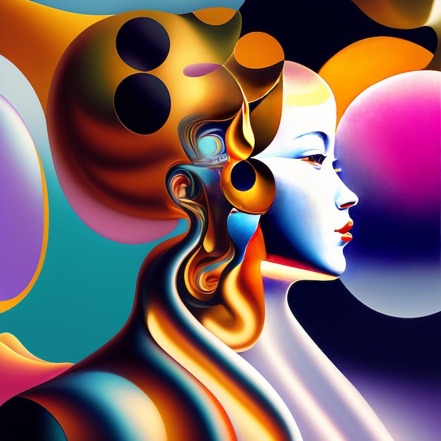 Uma pintura colorida de uma mulher com uma grande bolha no meio.