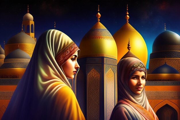 Uma pintura de duas mulheres em frente a uma mesquita.
