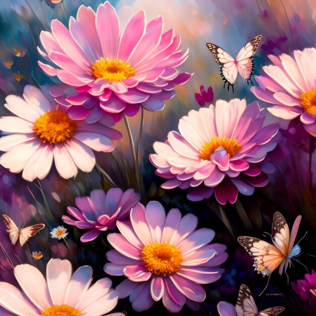 Uma pintura de flores com uma borboleta no topo