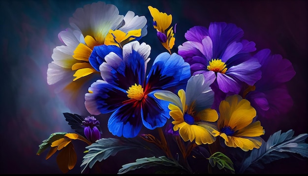 Foto grátis uma pintura de flores que são azuis, amarelas e roxas