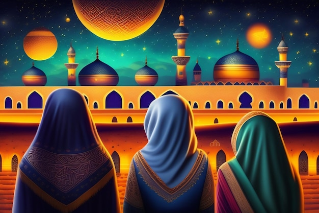 Foto grátis uma pintura de três mulheres olhando para uma mesquita com a lua ao fundo.